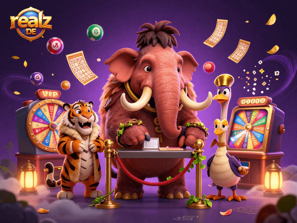 Einfallsreiche Darstellung des realz DE Casinos mit einem Mammut als Türsteher und einem VIP-Gast, umgeben von bunten Lotteriebällen.