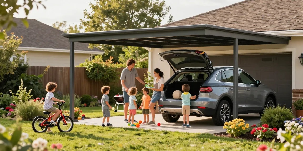 Moderne Carport-Installation in einem gepflegten Garten mit Familie und Spielzeugen.