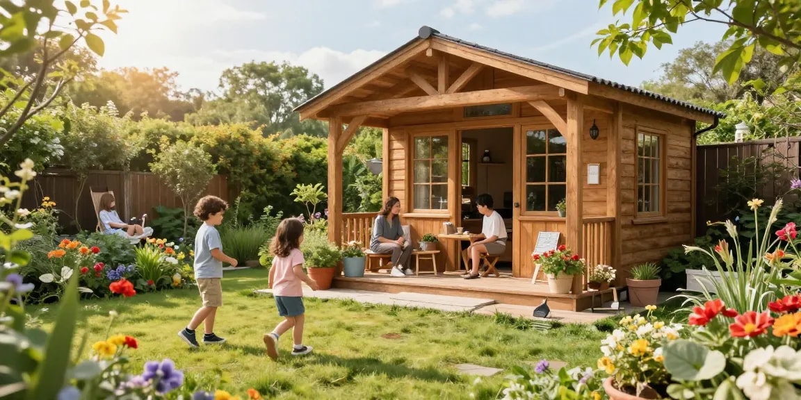 Ein Garten Haus in einer freundlichen Gartenlandschaft mit blühenden Pflanzen und spielenden Kindern, ideal für Familienzeit.