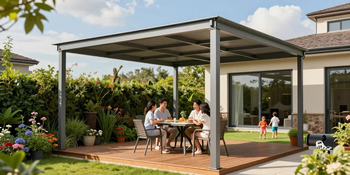 Moderne Terrassenüberdachung mit Familie, die im Garten entspannt.