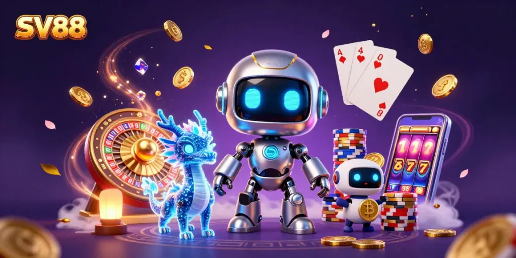 Experience thrilling gaming at SV88 with a vibrant scene of neon characters and casino elements.