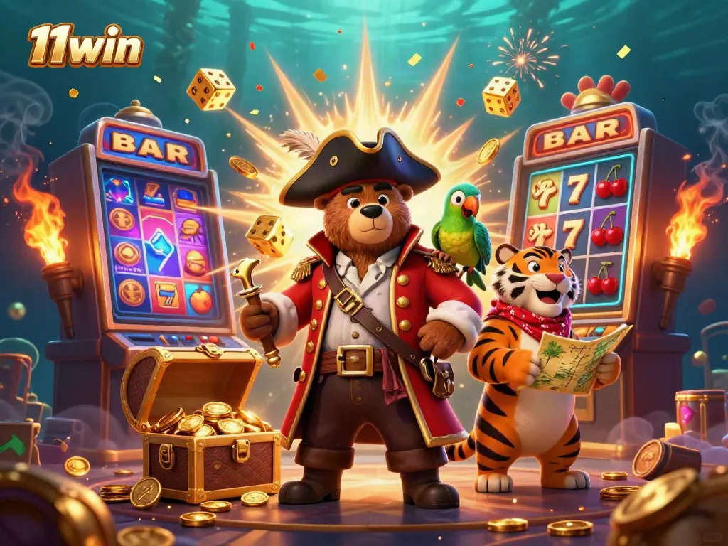 Experience the thrill of 11win with a dynamic jackpot scene featuring a pirate bear, tiger, and vibrant casino elements.