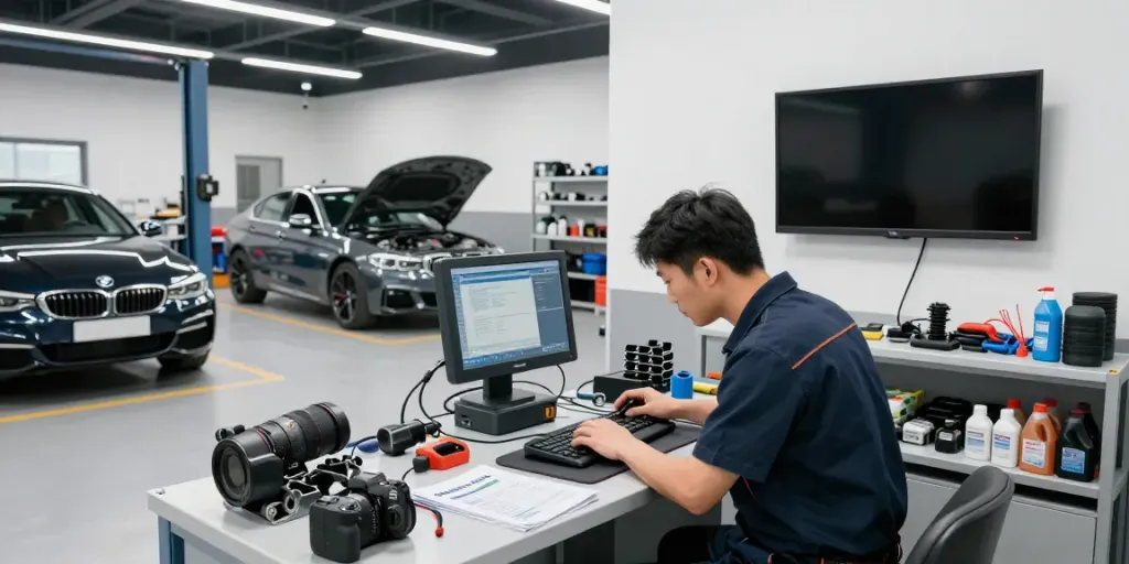 Professioneller Service in einer BMW Werkstatt in Hannover mit Mechaniker bei der Arbeit.