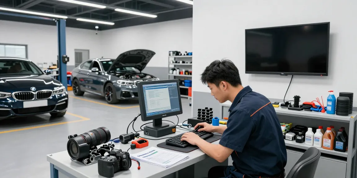 Professioneller Service in einer BMW Werkstatt in Hannover mit Mechaniker bei der Arbeit.