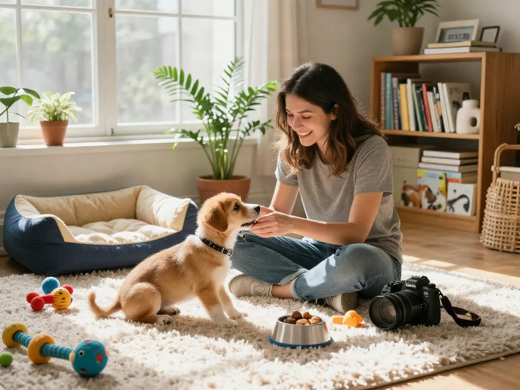 Engaging pet care moment with rokok88 community member and a playful puppy in a cozy living room.