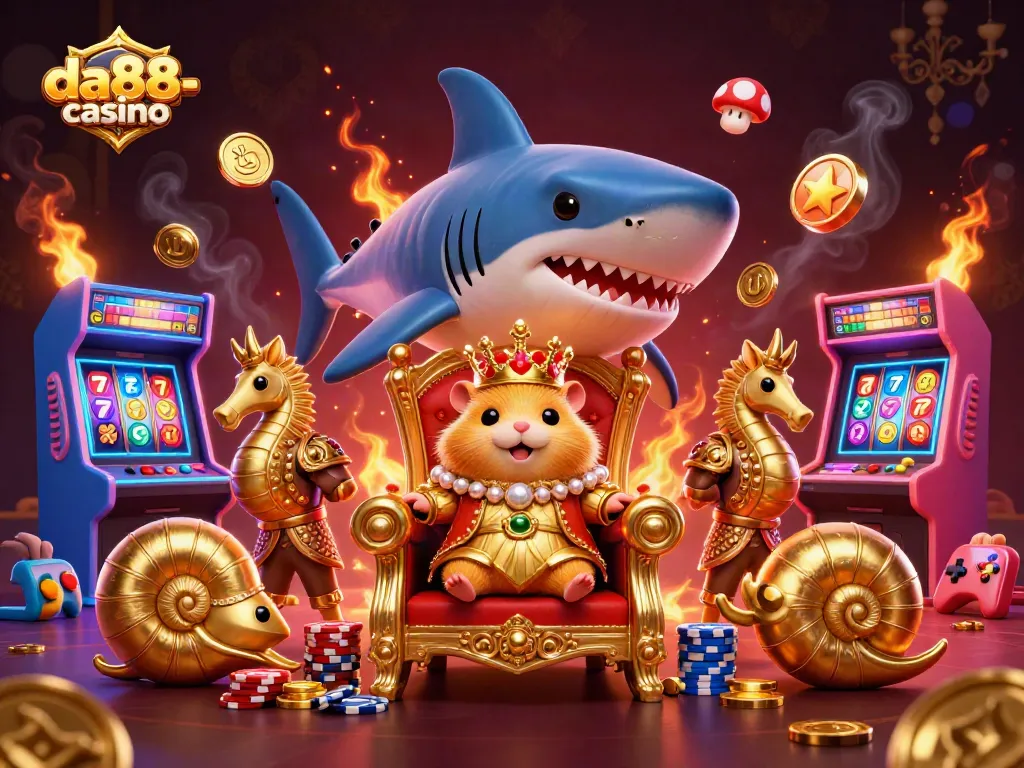 Engage in thrilling gameplay at da88-casino with vibrant slot reels and dynamic 3D characters.