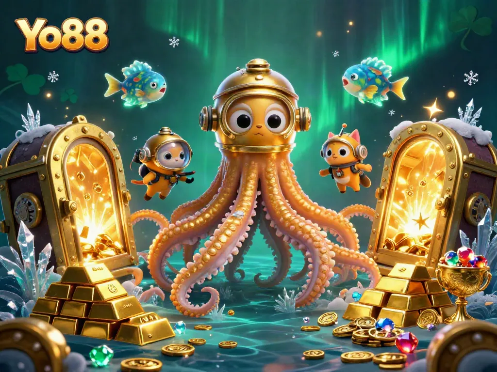 Experience the thrill of Yo88's underwater casino adventure with a vibrant kraken and a diving cat.
