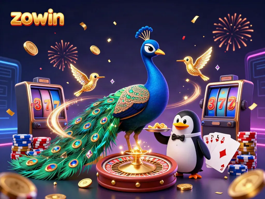 Zowin showcases a dynamic 3D illustration featuring a colorful peacock, penguin butler, and hummingbird amidst vibrant casino elements.