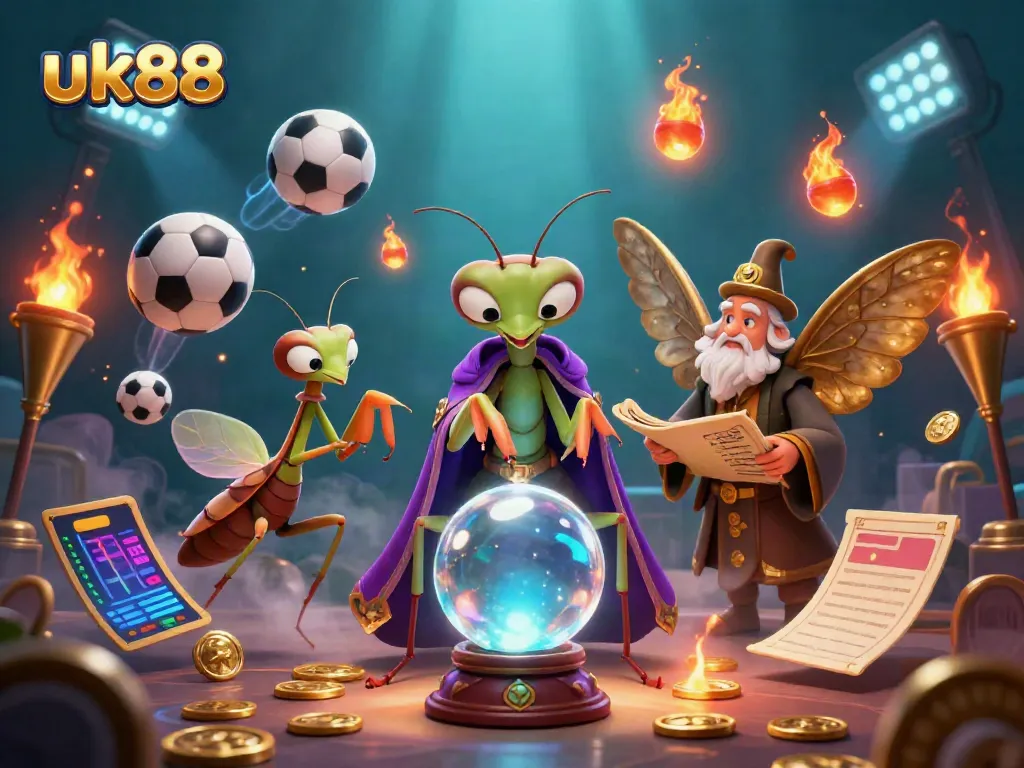 Experience thrill with uk88 in a vibrant casino illustration featuring fortune tellers and sports elements.