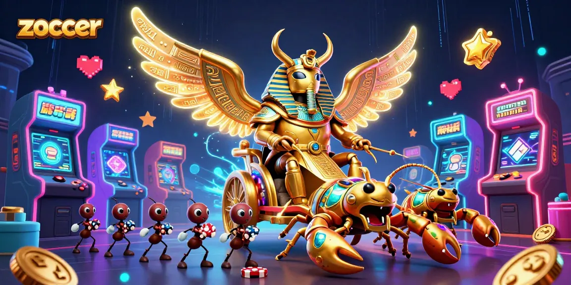 Zoccer combines gaming dynamics in a vibrant casino-themed illustration featuring iconic symbols and characters.