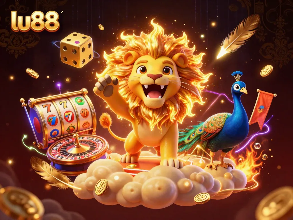 Experience thrilling moments at LU88 casino with a roaring sun lion and golden dice in a vibrant scene.