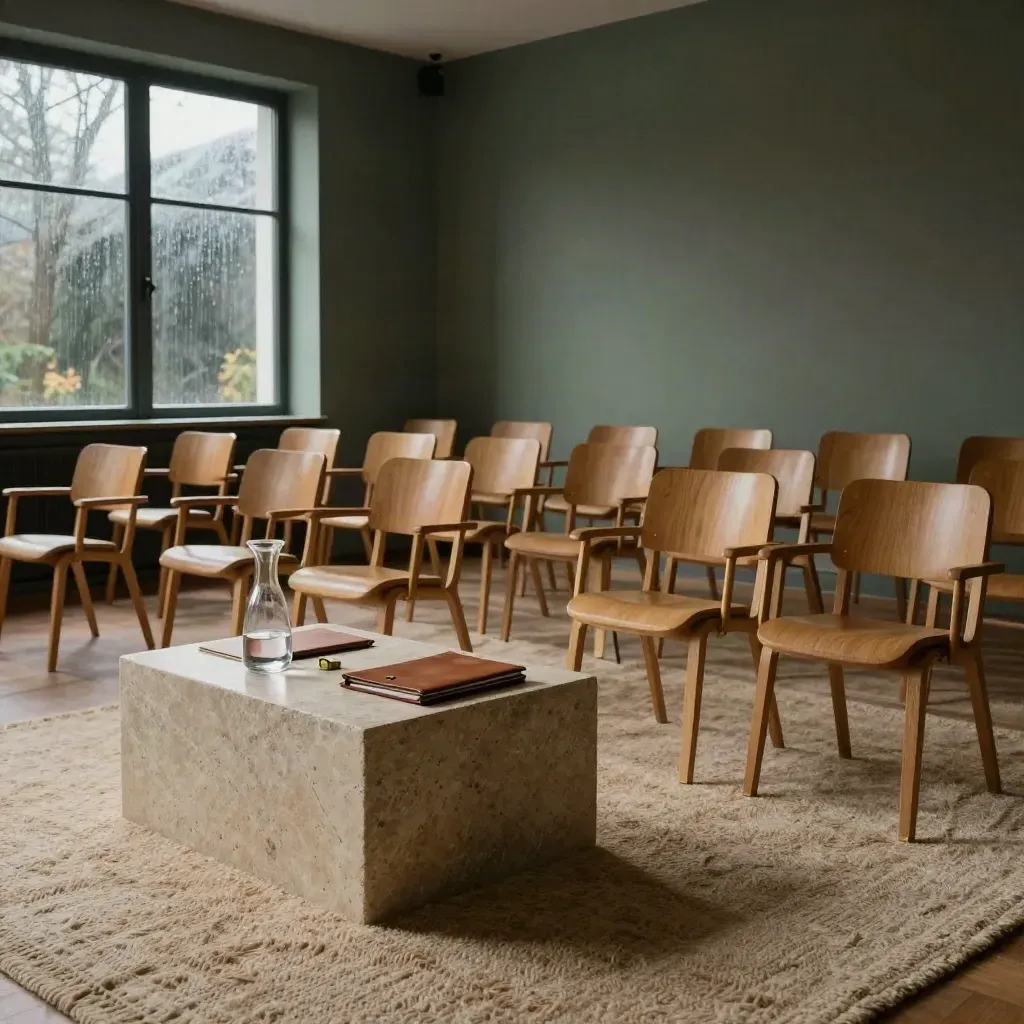 Leerer Seminarraum mit Holzstühlen, Steinpodest, Lederordnern und Wasserkaraffe im Abendlicht.