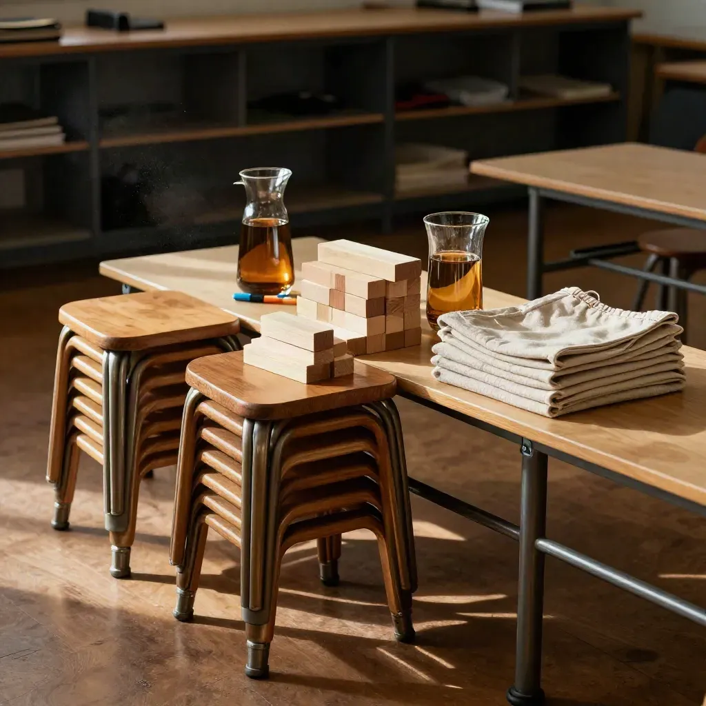 Workshop-Ecke mit Hockern, Holzblöcken und Wasserkaraffe im warmen Abendlicht