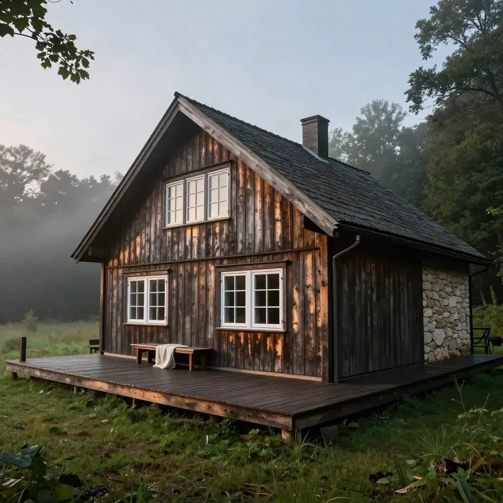 Abgelegenes Seminarhaus am Waldrand mit Nebelwiese, leerem Holzdeck und stillen Fenstern.