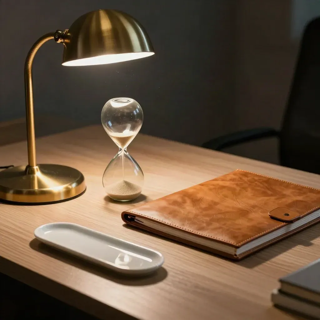 Aufgeräumter Arbeitsplatz mit Lampe, geschlossener Mappe und Sanduhr in warmem Licht