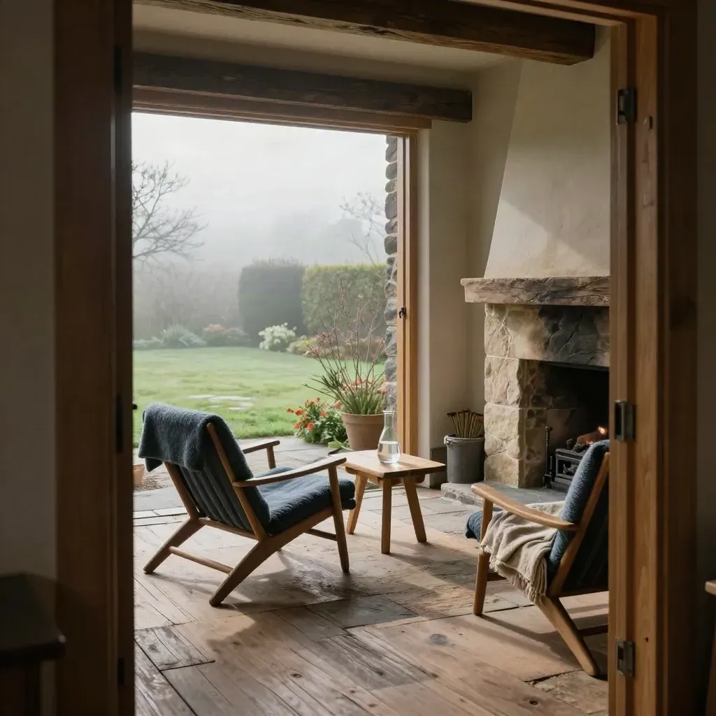 Offenes Retreat-Haus mit Kamin, ruhigen Stühlen, Decken und nebligem Garten.