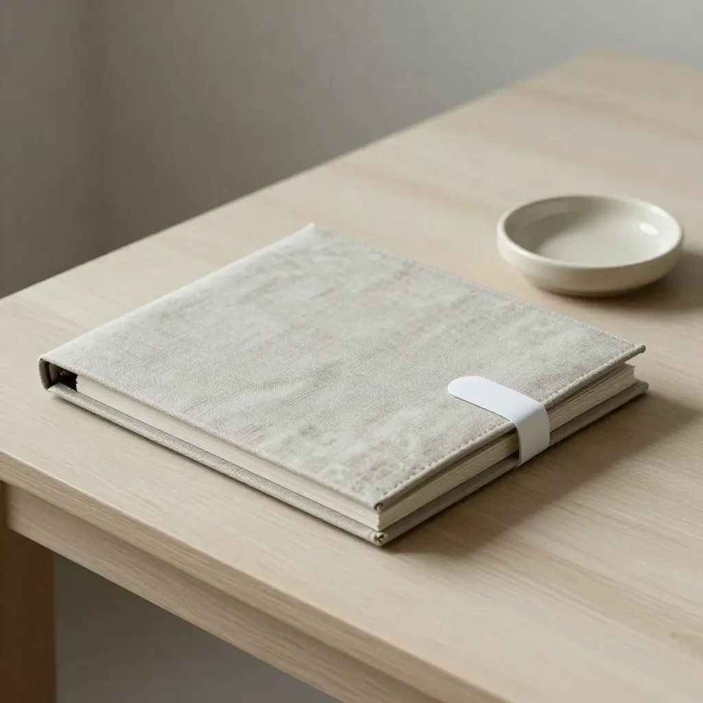 Geschlossene Mappe, Steinpaperweight und Keramurring auf hellem Holz, weich von links beleuchtet.