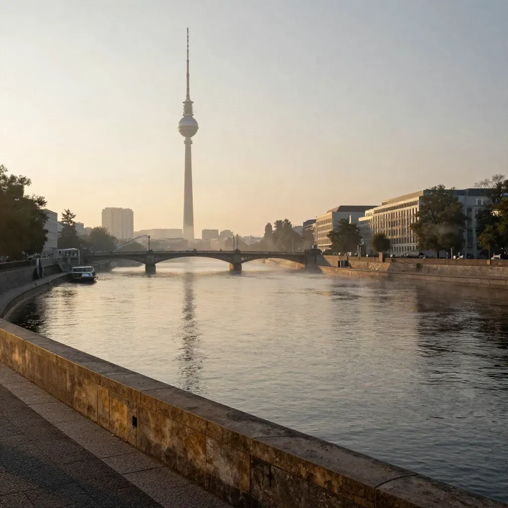 Berliner Skyline mit Fernsehturm über der Spree im Abenddunst