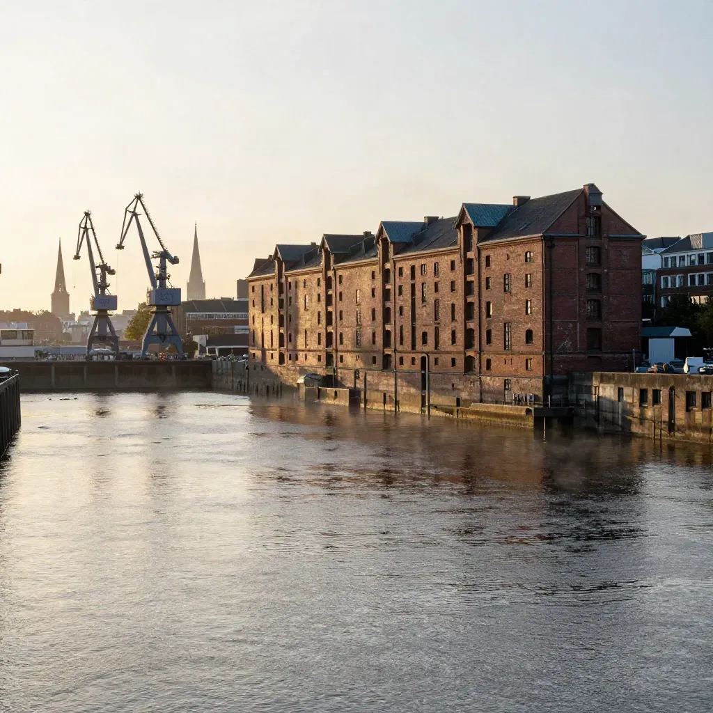Hamburger Hafen mit Speicherstadt, Kränen und Kirchturmspitzen im goldenen Abendlicht.