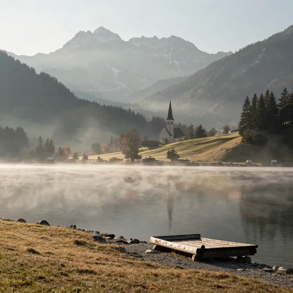 Bayerische Voralpen mit stillem See, Nebel und fernen Kirchturmspitzen