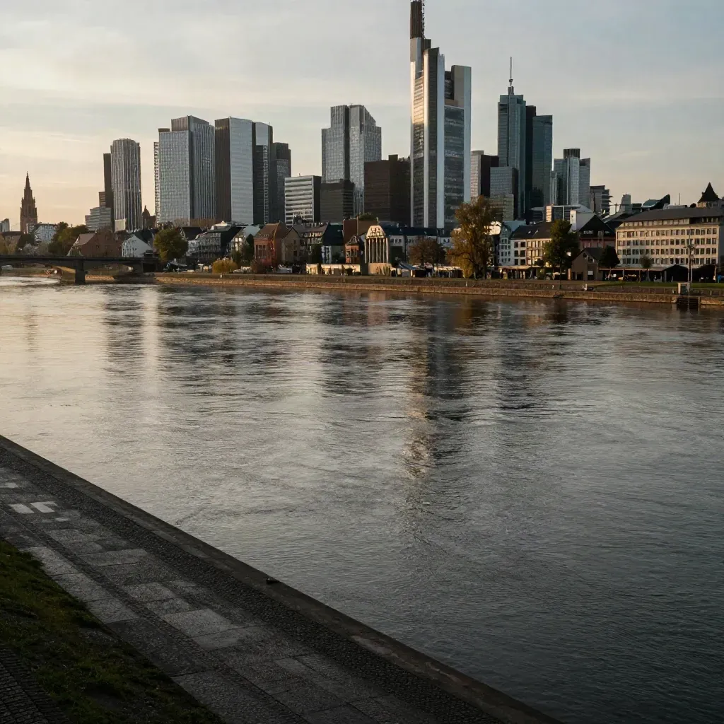 Frankfurter Skyline über ruhigem Mainufer im warmen Abenddunst