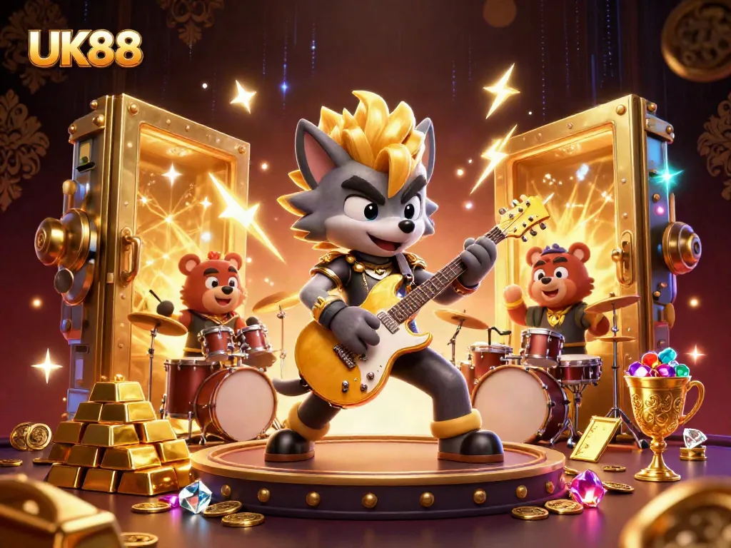 Experience the thrill with UK88 as a rock star wolf energizes the casino stage.