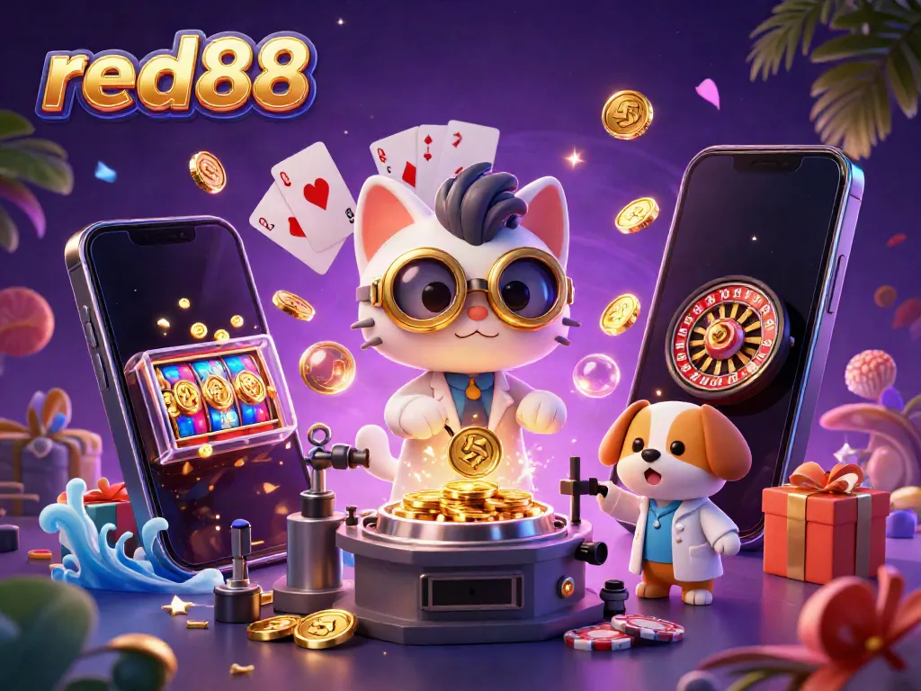 Spin reels and win big with exciting red88 gaming experience illustrated by animated characters.