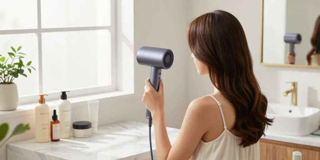 Haartrockner mit Ionen in einem modernen Badezimmer, umgeben von Pflegeprodukten.