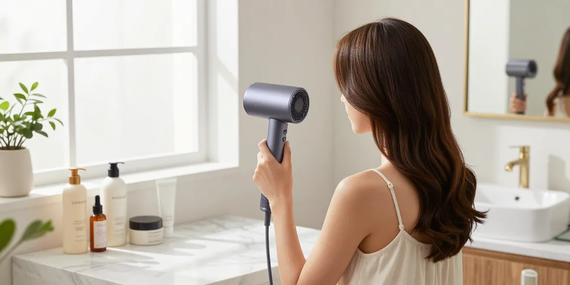 Haartrockner mit Ionen in einem modernen Badezimmer, umgeben von Pflegeprodukten.