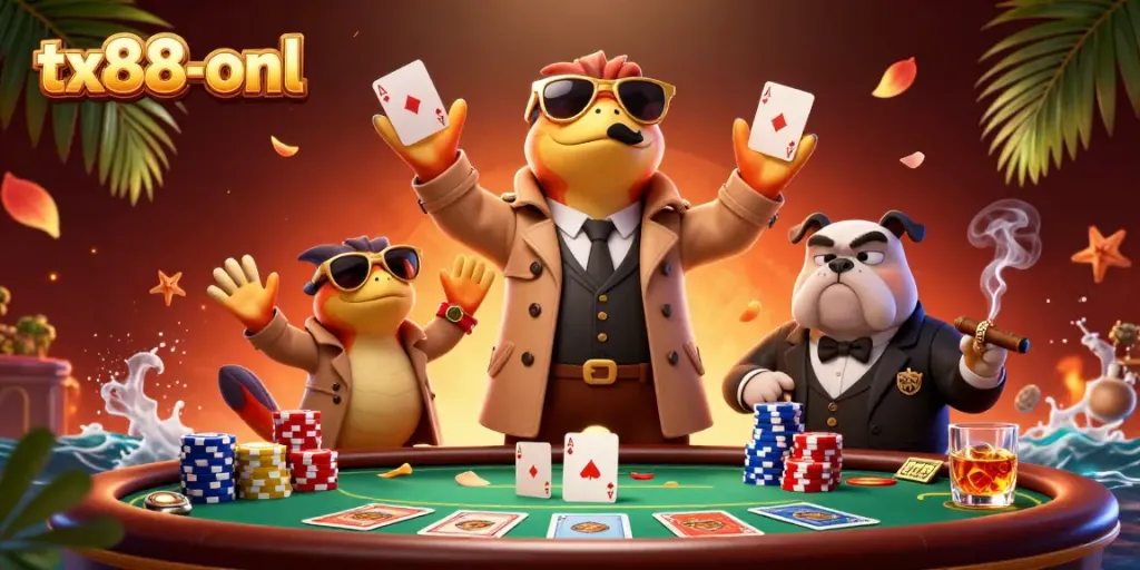 Join the fun at tx88-onl with raptors in a trench coat attempting to enter a luxury casino.