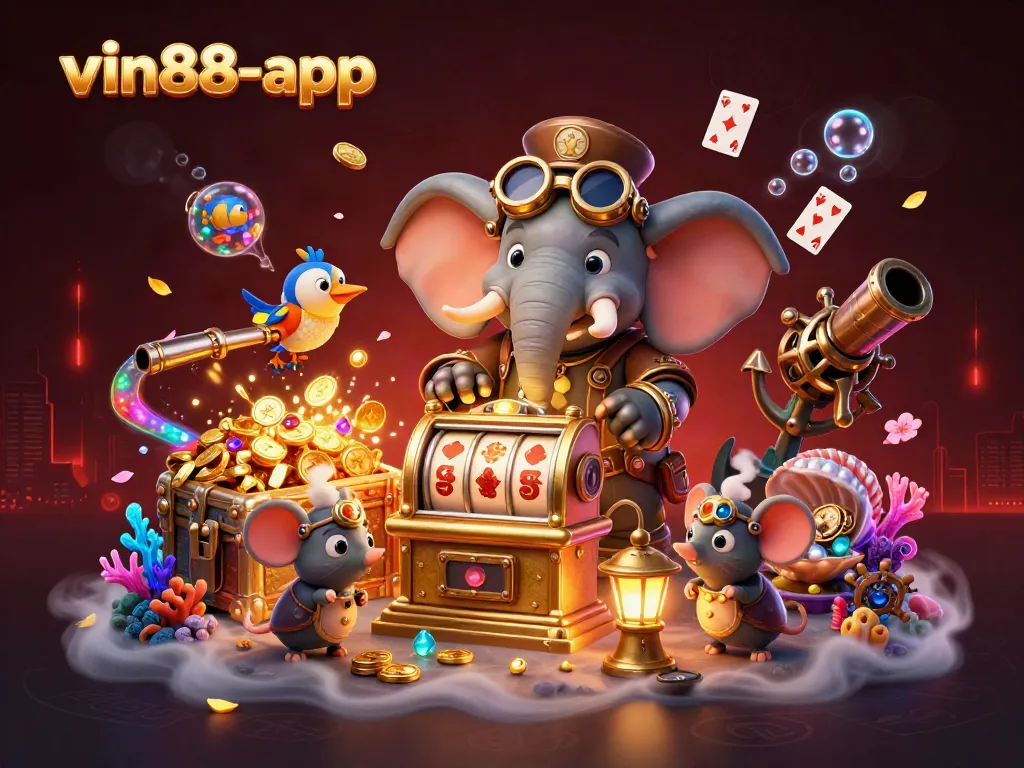Engage in slots excitement with vin88-app's vibrant steampunk casino adventure bursting with treasures.