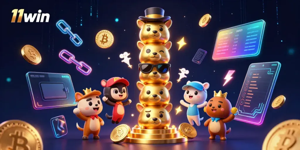 Experience the vibrant energy of 11win in this dynamic 3D casino illustration featuring iconic gaming elements.