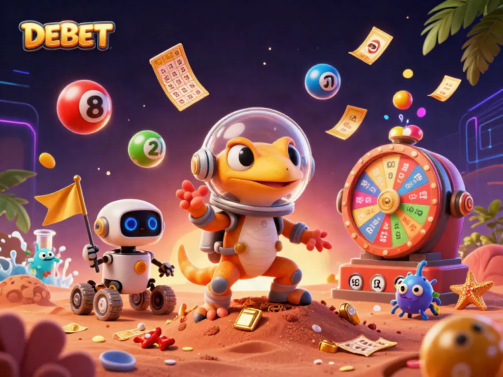 Engage with DEBET as the Martian gecko explores a hidden golden casino filled with vibrant lottery elements.