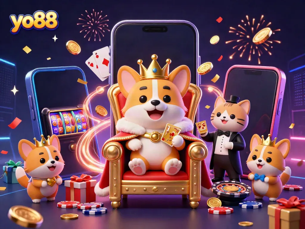 Experience the vibrant world of yo88 with a royal corgi on a throne, presenting thrilling gambling elements