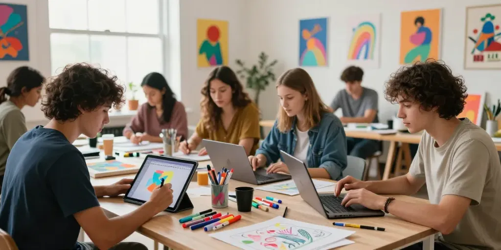 Group creating innovative 18+ ai artwork in a vibrant creative studio.