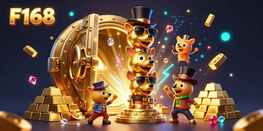 Engage with the vibrant F168 casino scene showcasing a golden totem and treasure vault bursting with gems.