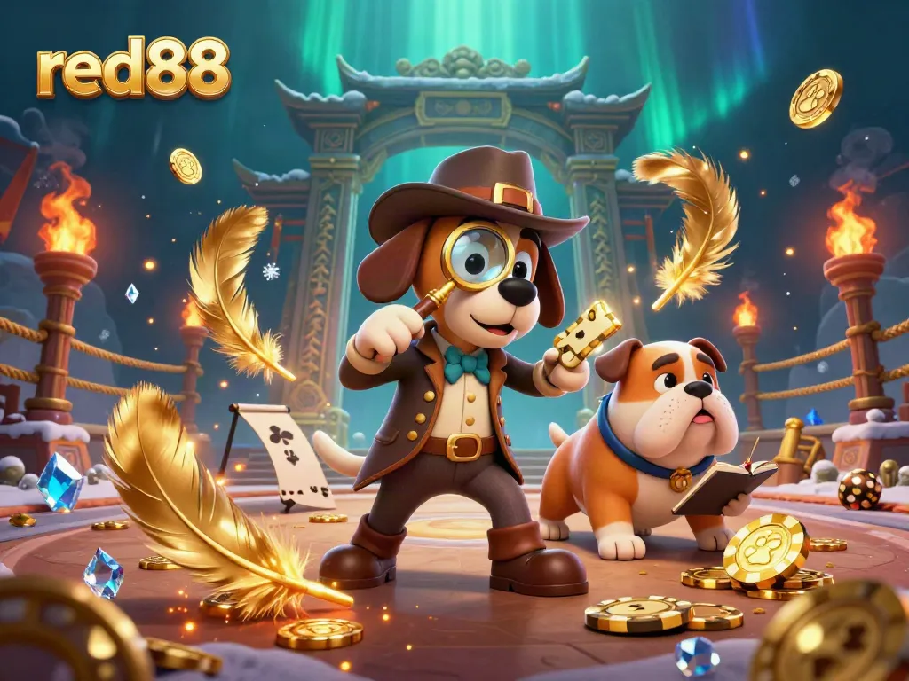 Experience red88 through a whimsical 3D scene with a detective exploring poker clues and treasures.