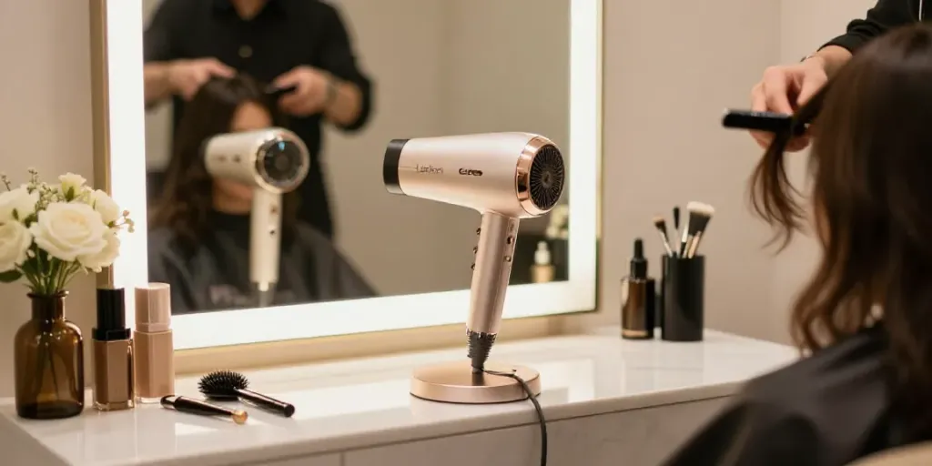Moderne Schönheitssalon-Umgebung mit einem Laifen Föhn auf dem Tisch, umgeben von Schönheitstools und Blumen.