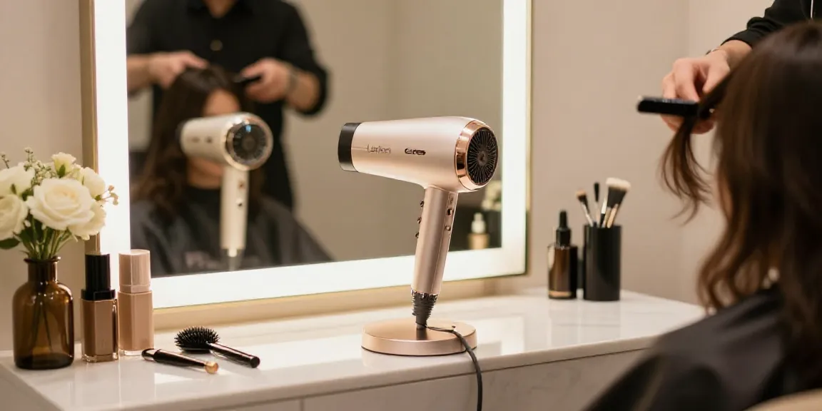 Moderne Schönheitssalon-Umgebung mit einem Laifen Föhn auf dem Tisch, umgeben von Schönheitstools und Blumen.