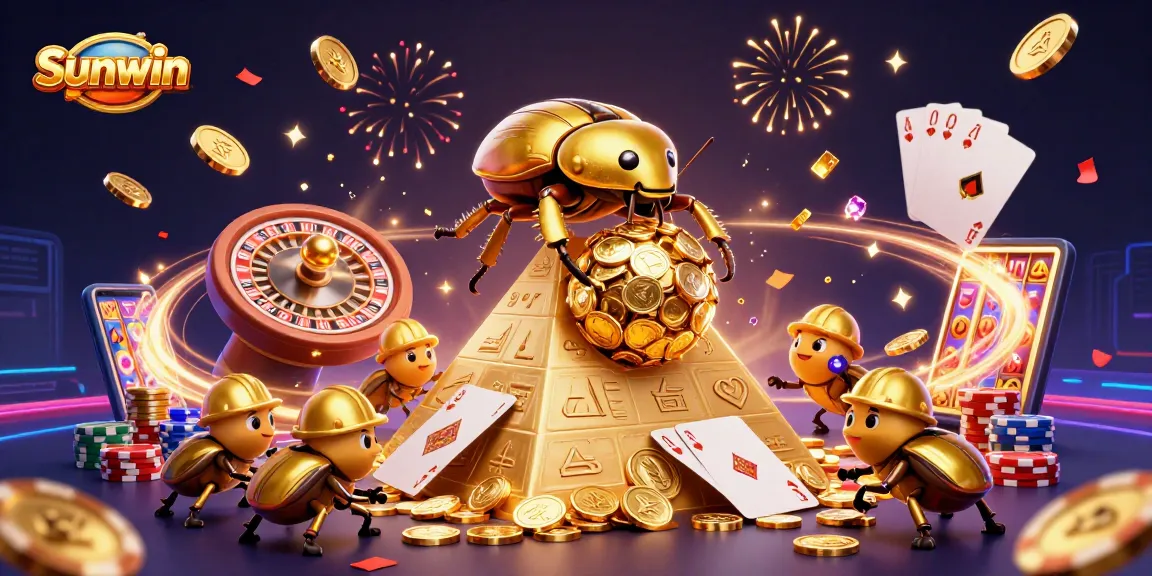 Sunwin showcases thrilling casino excitement with golden beetles rolling in a vibrant 3D scene.