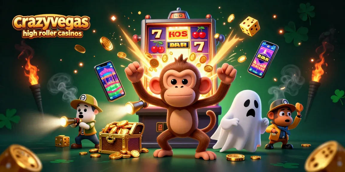 Experience excitement at crazyvegas high roller casinos with a lively illustration of a mystical monkey and ghost-hunter puppy.